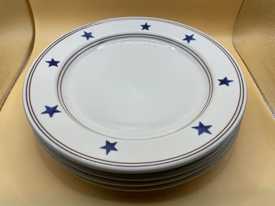 Conjunto 4 pratos de jantar Hartstone cerâmica estrelas azuis listras vermelhas 11,25 pol. pintados à mão - Imagem 1 de 4