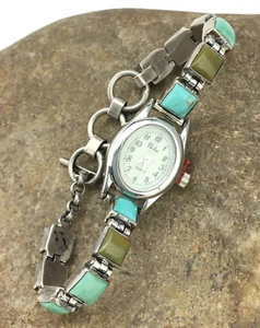 Puntas de reloj vintage de plata esterlina turquesa azul verde para mujer 7" 04916 - Imagen 1 de 12