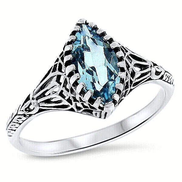 GENUINE SKY BLUE TOPAZ 925 STERLING SILVER ANTIQUE STYLE FILIGREE RING      814Z - Image 1 of 1