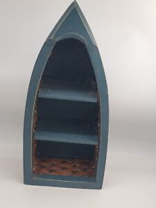 Canoe Boat Wood/Wicker 3 Shelf Unit Wall Art Distressed Blue Nautical Tiki Bar