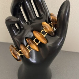 Vintage Tigers Eye Bracelet Big Cabochons Each 1 Inch Gold Tone 7 Inches MCM - Picture 1 of 7