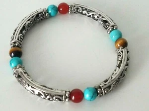 Floral Filigree Bracelet Beads Byzantine Rod Stretch Silver Tone - Picture 1 of 6