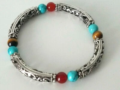 Floral Filigree Bracelet Beads Byzantine Rod Stretch Silver Tone - Image 1 of 4