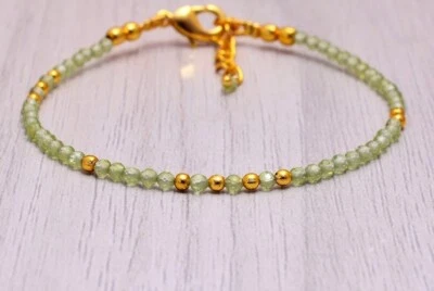 A++ Natural Green Peridot Faceted Round Gemstone Gold Filled Beads 6-8" Bracelet - Image 1 of 4