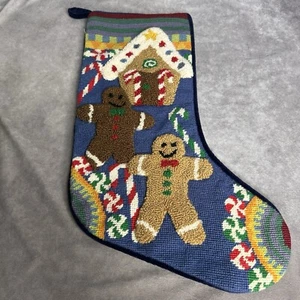 Gingerbread Men Hooked Wool Christmas Stocking Blue Velvet Backed Vintage 5 Avai - Picture 1 of 8