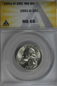 1951-D .25 ANACS MS 65 Washington Quarter, Silver 25 Cents (0.25) - Picture 1 of 2