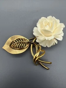Vintage Rose Brooch 1/2 12K G.F. Rose is Either bone or Celluloid Filigree Leaf - Picture 1 of 10