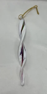 Hand Made Twisted White Icicle Shaped Art Glass Christmas Tree Hanging Ornament - Picture 1 of 5