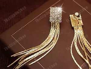PENDIENTES DE MODA DE ORO LÍQUIDO DE 8 cm 3" de largo CLIP DE CRISTAL estrás cuadrado - Imagen 1 de 5