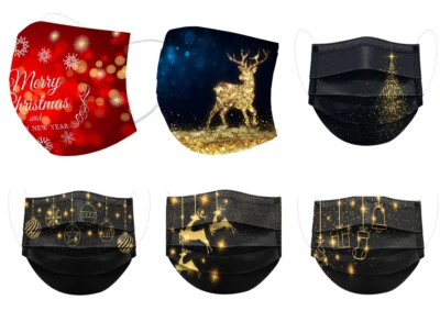 SAFETY MASK Mundschutz Motive Weihnachten Elch Eisblumen Einweg Maske schwarz rot