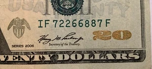$20 Dollar Bill 2006 Circulated Fancy DOUBLES Serial Number IF 7 22 66 88 7 F - Picture 1 of 3