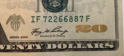 $20 Dollar Bill 2006 Circulated Fancy DOUBLES Serial Number IF 7 22 66 88 7 F - Image 1 of 3