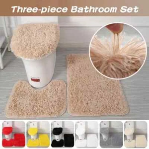 3-Piece Solid Bathroom Bath Mat Contour Rug Set with Toilet Lid Cover - Picture 1 of 23