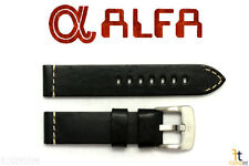 22mm ALFA Black Smooth Genuine Leather Watch Band Strap Anti-Allergic Heavy Duty