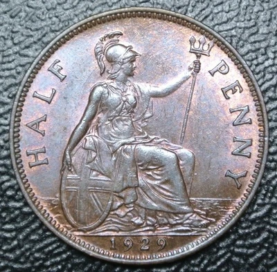 1929 GREAT BRITAIN - HALF PENNY - COPPER - George V - Beautiful Coin - LUSTRE - Image 1 of 4