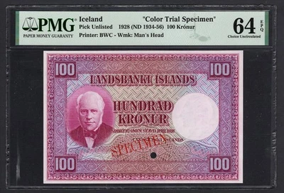 Iceland 100 Kronur 1928 (ND 1934-56) PUNL"Color Trial Specimen" UNC Grade 64 - Image 1 of 2