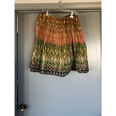 SUNNY LEIGH SKIRT Sz 14 Colorful Green Brown Knee Length Swirl Pattern Cotton - Image 1 of 3