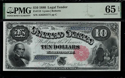 1880 $10 Licitación Legal FR-113 - "Jackass" - PMG 65 EPQ - Gema Sin Circular Foto 1 de 2