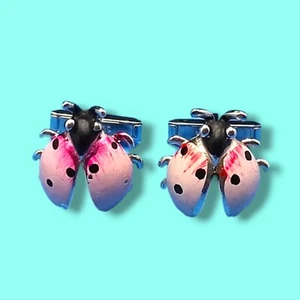 Vintage Signed Swank Pink Enamel Figural Ladybug Cufflinks Silver Tone - Picture 1 of 7