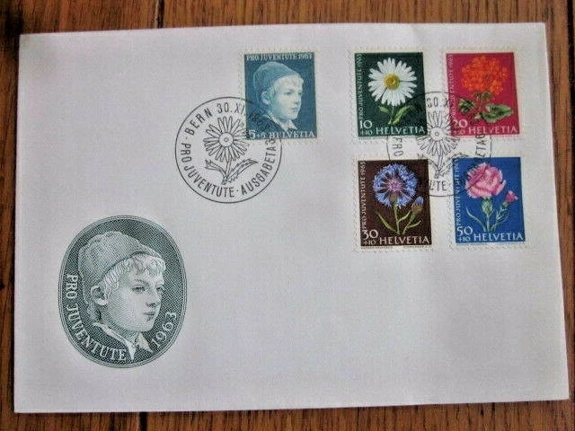 Switzerland 1963 FLOWERS YOUNG BOY PRO JUVENTUTE SET COMPLETE CACHET FDC  UNADDR - Image 1 of 1