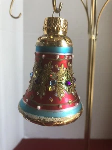 Campana adorno de vidrio navideño rojo/dorado rojo/hecho a mano de tesoros únicos O2 - Imagen 1 de 6