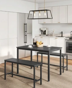 Dining Table With Benches Set Kitchen Furniture Industrial Wood Black - Picture 1 of 6
