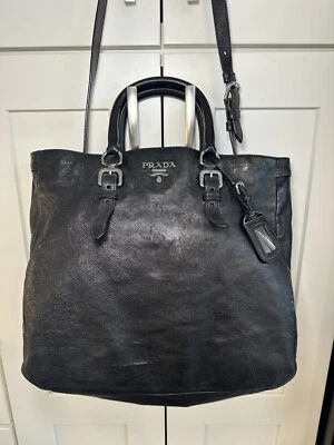 AUTHENTICATE PRADA 2WAY CALFSKIN BAG BLACK SILVER HARDWARE - Image 1 of 4