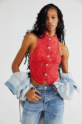 Free people red jacquard velvet top size M  button up sleeveless waistcoat - Image 1 of 4