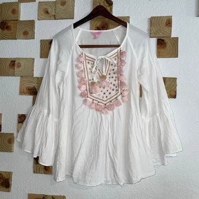 Lilly Pulitzer Shandy Top Womens Size Large Tassel Boho White Long Sleeve Beach - Image 1 of 4