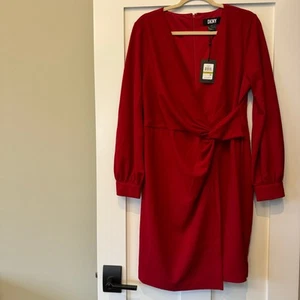 DKNY Women's Side Knot V-Neck Sheath Red Dress Size 14 Faux Wrap Zip Back NEW - Picture 1 of 17
