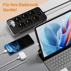 Steckdosenleiste Mehrfachsteckdose mit 6 Fach 3 USB-Anschluss Steckdose 2500W - Bild 1 von 14