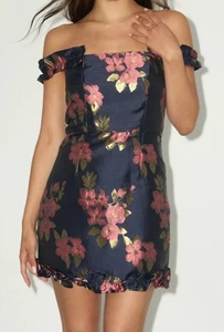 Lulus Dress Sz XL 16 Pop The Bottle Navy Blue Floral Jacquard Ruffled Mini Slip - Picture 1 of 10