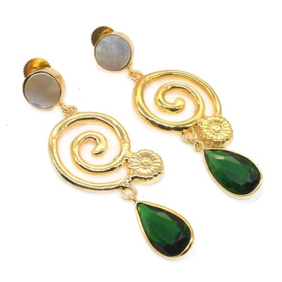 Pendiente espiral de cuarzo con perlas enchapado en oro para mujer 2,5" d837 MOP Foto 1 de 4