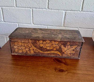 Antique Flemish Art Co. NY Pyrography Wooden Burned Grape Design Box signed - Image 1 of 4