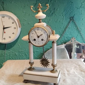 Antique French 1850s Column Portico Convex Marble Gold Strike Mantle Clock Brass - Picture 1 of 19