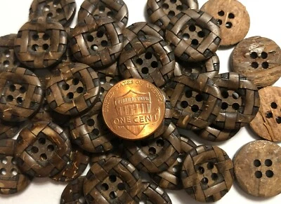 Set of 5 Vintage Brown Coconut Inlaid Woven Buttons 18mm Just Over 11/16" 11674 - Image 1 of 4