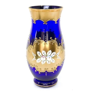 8.5" Antique Cristal de Boheme Midsize Vase Cobalt Blue Gilded & Enameled Floral - Picture 1 of 11