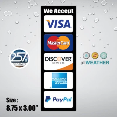 ALLWEATHER We Accept Visa Master AE PayPal Cashier Store Door POS Credit Card Vinyl Sticker
