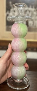 VTG HQT Hand Blown Pink Green Stacked Globes CANDLESTICK HOLDER - Picture 1 of 12