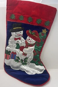 Vintage Snowmen Christmas Stocking Velvety Embroidered - Picture 1 of 3