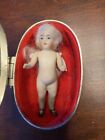 Antique German All Bisque Dollhouse Doll 3”  Silverplate Box Blue Eyes Frozen