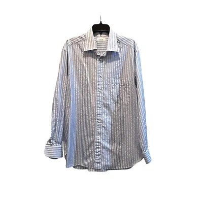Camisa Ermenegildo Zegna Para Hombre 17 X 34 Blanca Azul Rayas Botón Delantero Italiana Foto 1 de 4