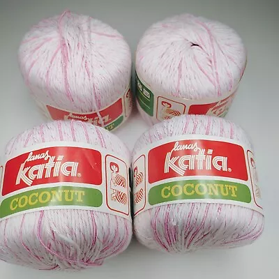 Vintage Lanas Katia Coconut yarn Lot of 4 Balls White Pink 117 Yd Acrylic Nylon - Image 1 of 4