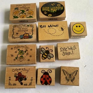 Holzblock Gummistempel Freundschaft Biene Happy Smile Marienkäfer Schmetterling 11 Stück - Bild 1 von 10