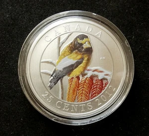 Canada 2012, 25 Cents, Evening Grosbeak. Case, COA. Colorized UNC - Picture 1 of 3