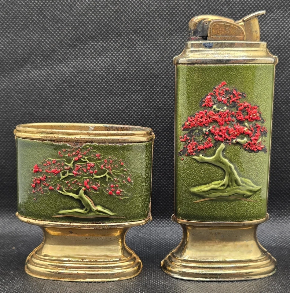 Juego de encendedor de mesa y cenicero Evans vintage latón esmalte flor de cerezo japonés Foto 1 de 4