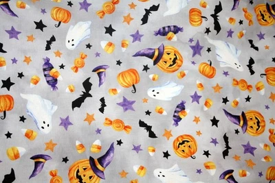 CELEBRATE HALLOWEEN ALLOVER PRINT ON GRAY FROM HOFFMAN   - 100% COTTON FABRIC - Image 1 of 4