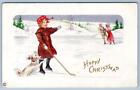 1915 HAPPY CHRISTMAS ICE HOCKEY SKATING PUPPY DOG ANTIQUE POSTCARD