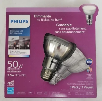 3 PHILIPS 50-Watt PAR20 Dimmable Bright White LED Flood Lights w/Medium Base - Image 1 of 3