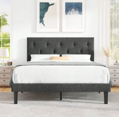 QUEEN Size Bed Frame Upholstered Platform with Complete Adjustable Headboard - Image 1 of 4